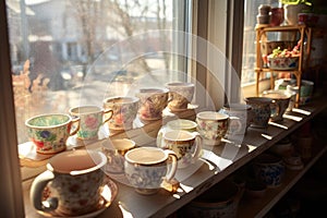 teacups displayed on a sunlit windowsill