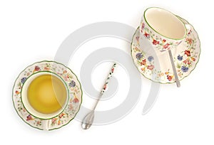 Teacups flat lay on white