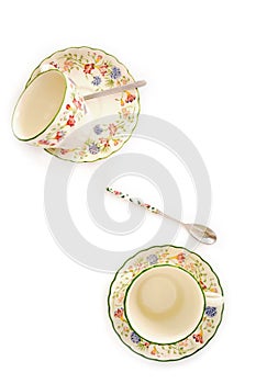 Teacups flat lay on white