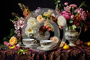 teacups and saucers with floral arrangements