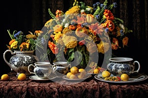 teacups and saucers with floral arrangements