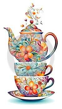 Teacups with teapot with flowers and copy space