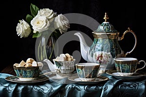 teacups and teapot set for an elegant afternoon tea