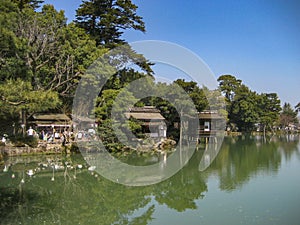 Teahouses at Kenrokuen gardens. Kanazawa, Japan