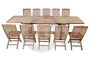 Teak garden furniture isolated in white background photo