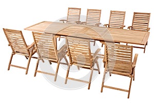 Teak garden furniture isolated in white background photo