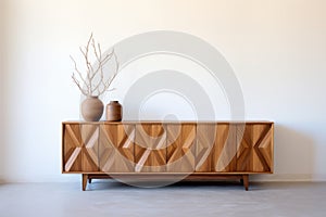 a teak wood credenza with geometric pattern against a white wall