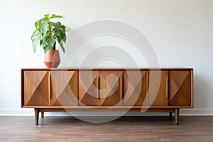 a teak wood credenza with geometric pattern against a white wall