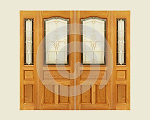 Teak wooden door with frosted glass interior on isolated backgro