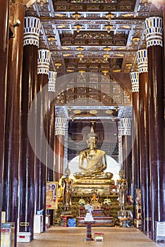 Teakwood interior of Wat Lok Moli, Lanna wood-carved Buddhist temple ,Chiang Mai,Thailand