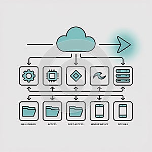 Teal and Black Line Art Diagram Showing Cloud Computing Data Flow from Cloud Server to Mobile Devices via Dashboard Access Port