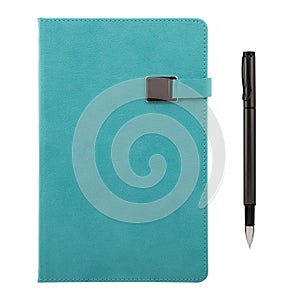 Teal or blue agenda and pen over a white background, isolated background