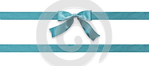 Teal bow ribbon band satin blue stripe fabric (isolated on white background with clipping path) for holiday gift box