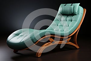 A teal-colored leather chaise lounge with a curvaceous wooden frame is positioned against a black backdrop, showcasing