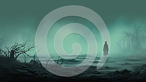 Teal Fog: A Minimalist Speedpainting Of A Mysterious Creature In A Misty River photo