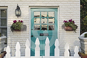 Teal front door of a classic home photo