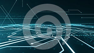 Teal glowing circuit board lines and binary code on dark background technology