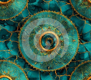 Teal and Gold Abstract Circular Patterns Microscopic Geometric MandalaInspired Design for Backgrounds Textures and Art