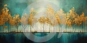 Teal and gold abstract painting of trees by a pond. Autumn birch tree leaves in modern art.