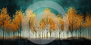 Teal and gold abstract painting of trees by a pond. Autumn birch tree leaves in modern art.