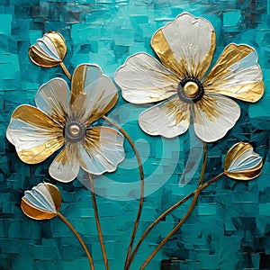 Teal And Gold Floral Painting With Harsh Palette Knife Work