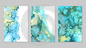 Teal and gold marble abstract backgrounds set