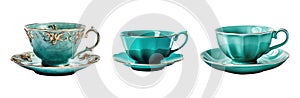 Teal and gold teacup and saucer plate collection - premium pen tool PNG transparent background cutout.