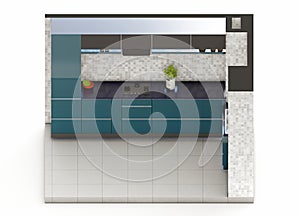 Teal green and grey kitchen cabinet isometric 3d visualization