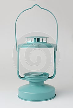 Teal Metal Candle Lantern on White Background Front View