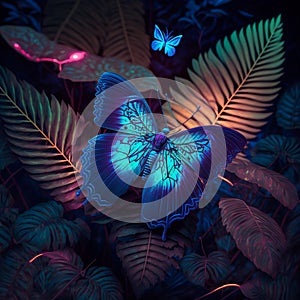 Teal neon butterfly on tropical leaves and flowers on dark flloral background