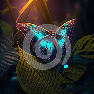 Teal neon butterfly on tropical leaves and flowers on dark flloral background