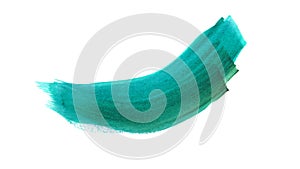 Teal paint stroke drawn with brush on white background, top view