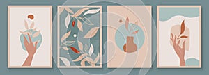 Teal and Peach Abstract Botanical Art with Woman Hands. Set of soft color painting wall art for house decoration
