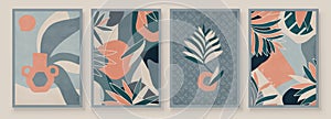 Teal and Peach Abstract Botanical Organic Art Illustration. Set of soft color painting wall art for house decoration