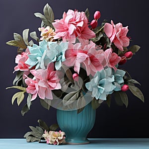 Teal And Pink Rhododendron Arrangement: Meticulously Crafted Origami Vase