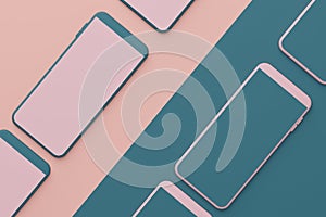 Teal and pink screen smartphone 3d render.