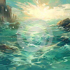 Teal Pre-raphaelite Seascape Abstract - Speedpainting Anime Art