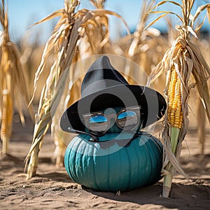 Teal pumpkin for food allegry awareness for Halloween, in a cornfield with sunglasses