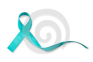 Teal ribbon awareness isolated on white clipping path for Ovarian Cancer, Polycystic Ovarian Syndrome PCOS disease photo