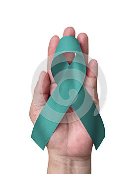 Teal ribbon awareness isolated on white clipping path for Ovarian Cancer, Polycystic Ovary Syndrome (PCOS) disease