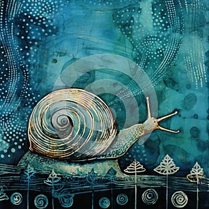 Teal Snail Print: Whimsical Animal Symbolism In Atmospheric Etching Style