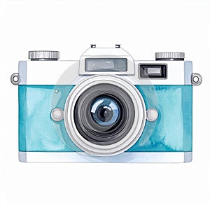 Teal Vintage Watercolor Camera on White Background