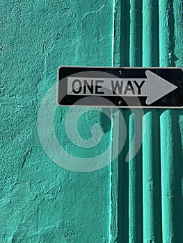 Teal wall in alleyway with one way sign