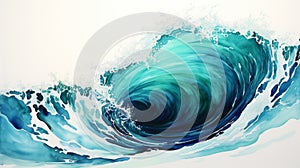 Teal Wave Watercolor Illustration On White Canvas