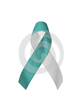 Teal and white ribbon for cervical cancer awareness month in January and HPV prevention, (bow isolated on white