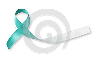 Teal and white ribbon isolated on white background for raising awareness on Cervical Cancer photo
