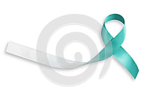 Teal and white ribbon isolated on white background for raising awareness on Cervical Cancer