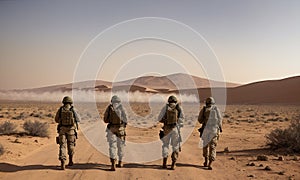 Team airborne infantry men with weapons moving patrolling desert storm. Sand, blue sky on background of squad, sunlight, front