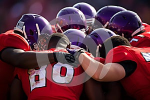 Team of American football players discussing game strategy together. Generative AI