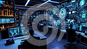 Team of analysts working in a futuristic control room surrounded by screens displaying data and analytics during a